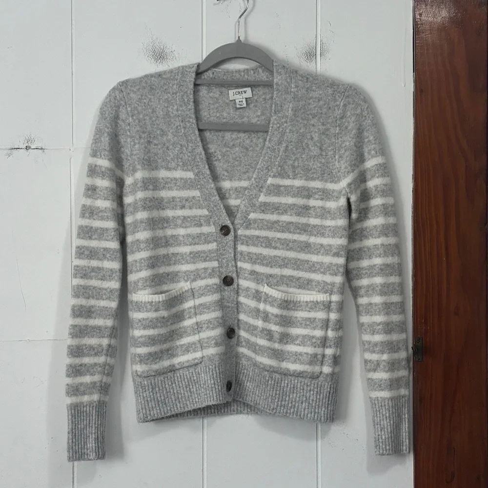 J.Crew Womens XS Grey White Striped V-Neck Button Front Knit Cardigan Sweater